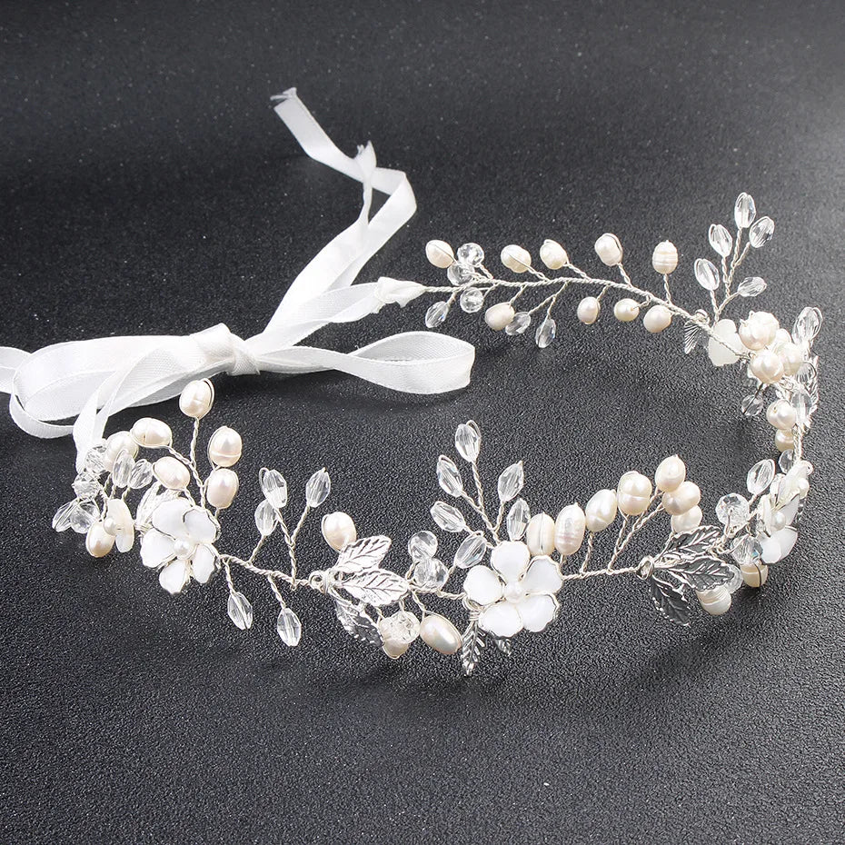 SLBRIDAL Handmade Crystal Rhinestone Freshwater Pearls Flower Wedding Jewelry Headband Bridal Hair Accessories Women Headdress MegaBDM