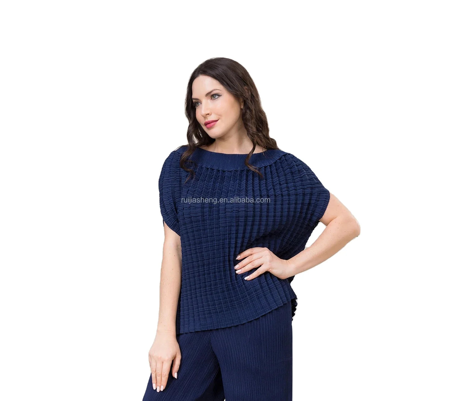 High Quality Miyake Pleated Women's Top Short Sleeve Dark Blue High Elastic Top for Holiday Birthday Church Special Occasions
