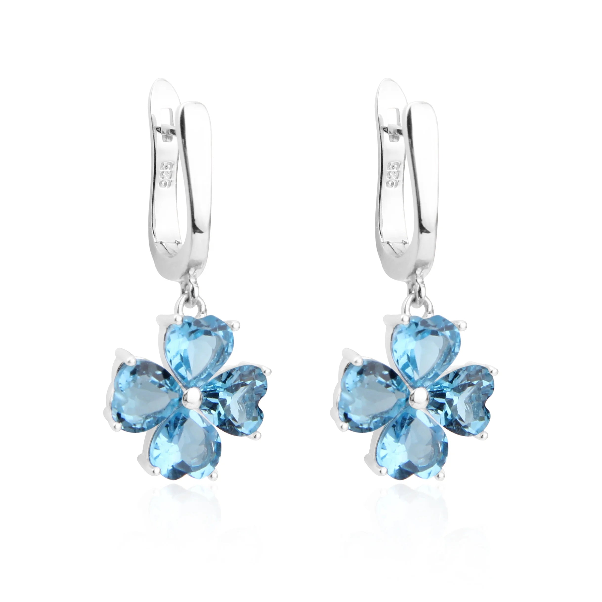 Fashion Clover Drop Earring Natural Swiss Blue Topaz Gemstone 925 Sterling Silver Earrings for Women