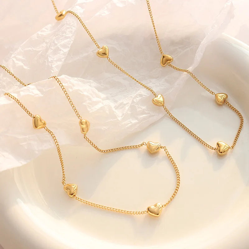Heart Station Necklace and Bracelet Waterproof Stainless Steel Tarnish Free Fashion Jewelry Set