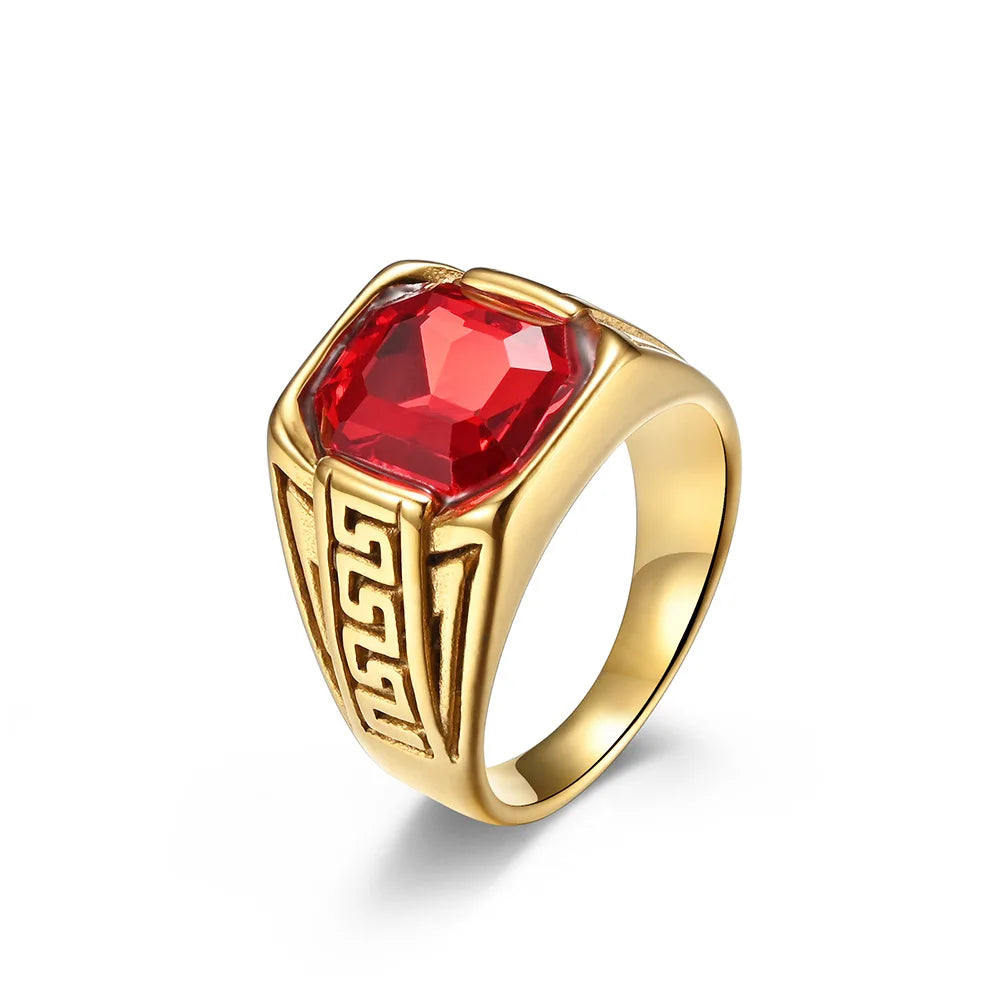 High Quality Luxury 18K Gold Plated Stainless Steel Red Zircon Natural Oval Cut Geometric Punk Ring Men Jewelry Wholesale