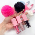 Private Label Clear Glitter Lipgloss Lip Plumper Moisturizing Magic Lip Oil Cute Color Changing Lip Oil With Fur Pompom Keychain