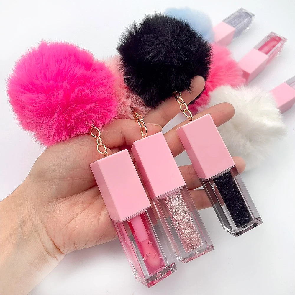 Private Label Clear Glitter Lipgloss Lip Plumper Moisturizing Magic Lip Oil Cute Color Changing Lip Oil With Fur Pompom Keychain