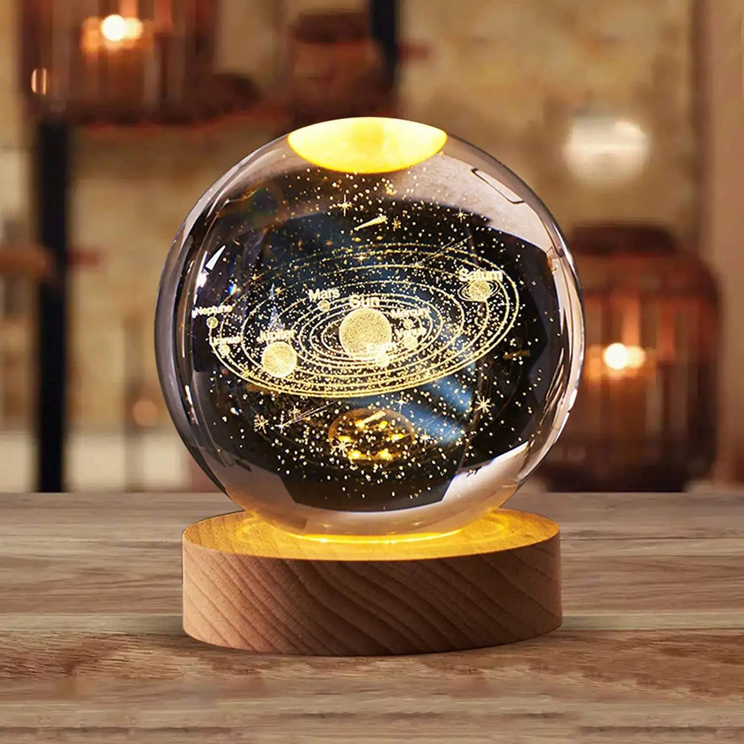 Solar System Moon Nebula 3d Art K9 Crystal Ball Night Lamp Luminous Crystal 3d Ball Night Lamp With Wooden Led Night Light Base