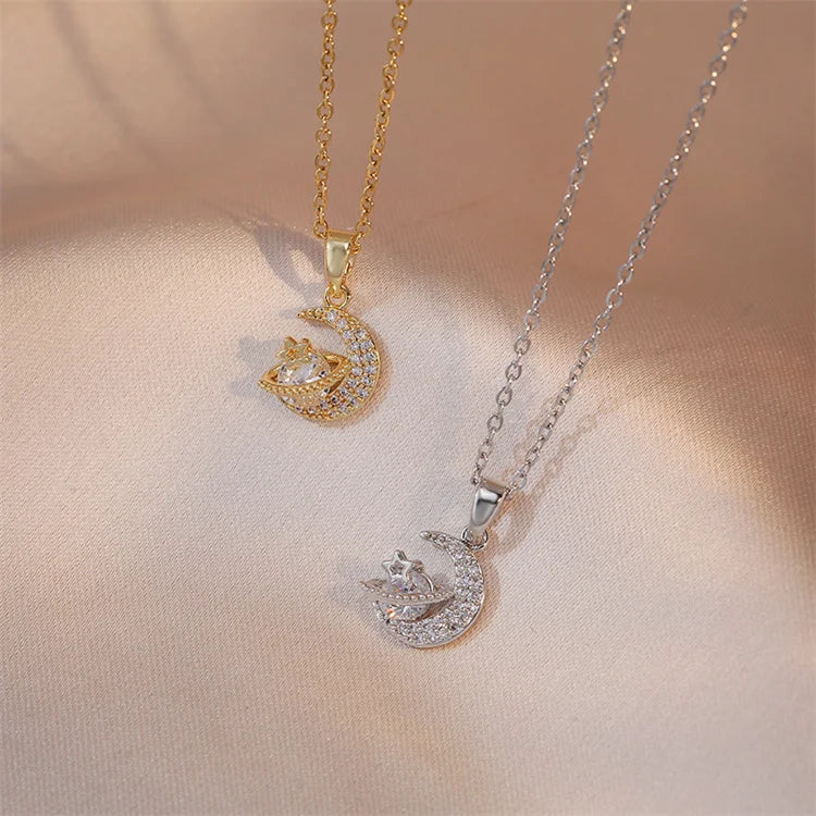 Wholesale Stainless Steel Geometric Light Luxury Design Star Moon Planet Pink Zircon Pendant Necklace