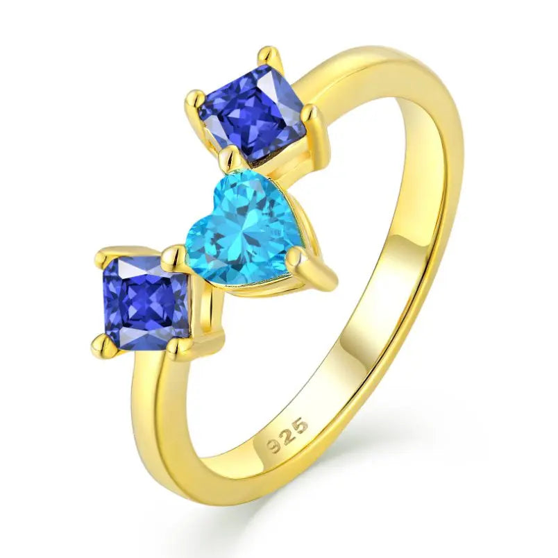 Gold Vermeil 925 Sterling Silver Blue Gemstone Wedding Party Ring Heart Shaped Center CZ Stone