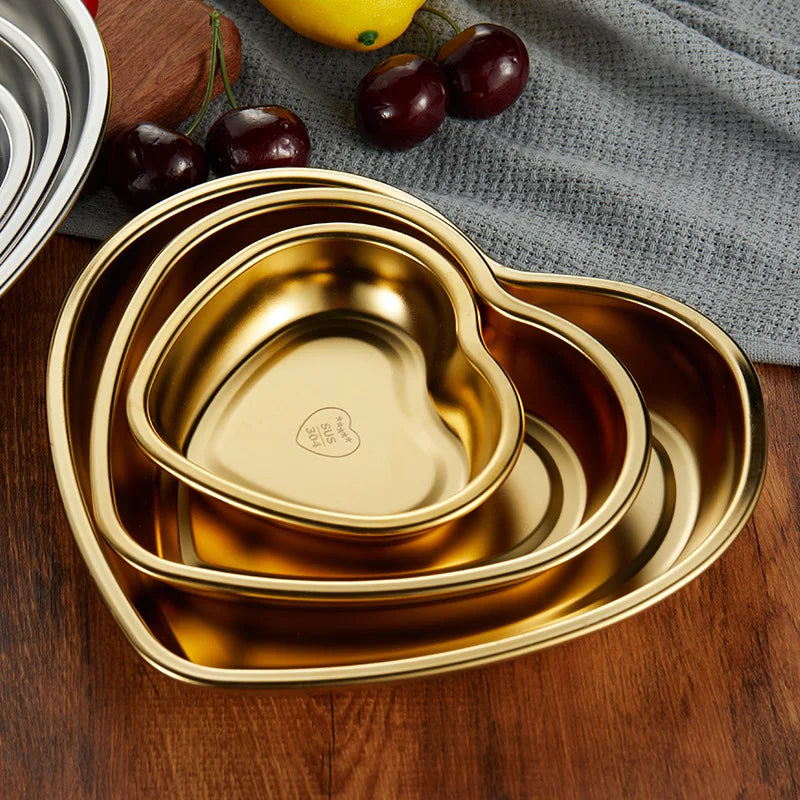 New Dining Plate Stainless Steel Storage Tray Dish Bread Dessert Plate Gold Heart Shaped Lovely Plate Desktop Decor