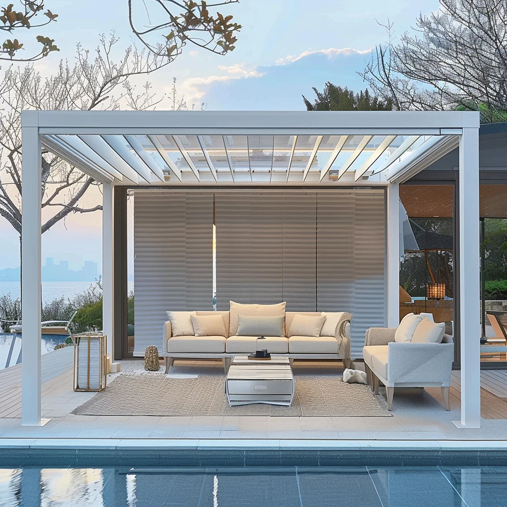 Modern Aluminum Pergola Set with Adjustable Louvered Roof for Garden Building Pavilion Patio Outdoor Living Space MegaBDM