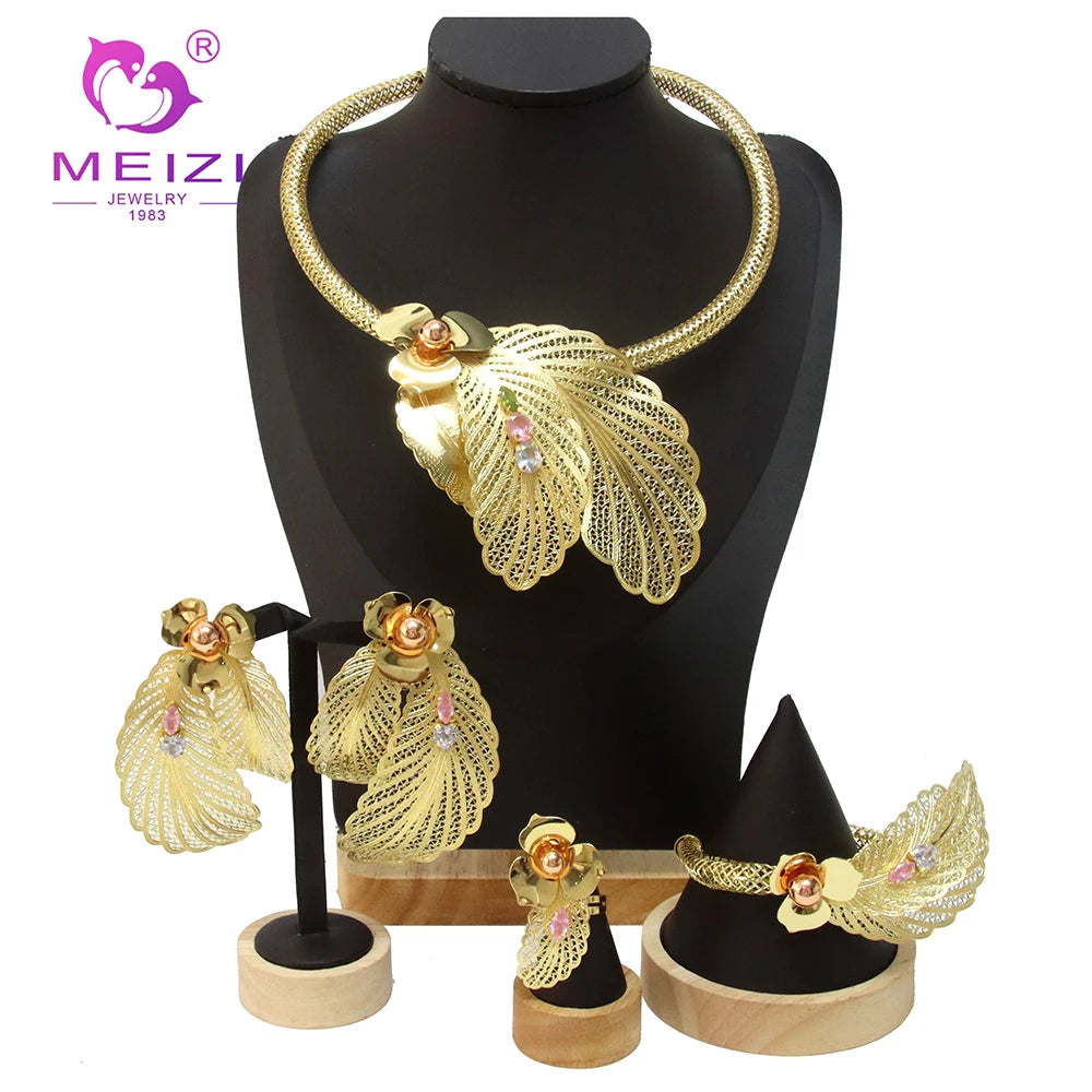 MEIZI Handmade Luxury Copper Jewelry Set Zirconia Studded African Bride Wedding Fashion Jewelry Parties Orthodox Religious Type