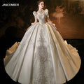 Radiance in Bloom Vintage Lace Satin Ball Gown Wedding Dress for Women Elegant Short Sleeve Royal Train Corset Lsmx026