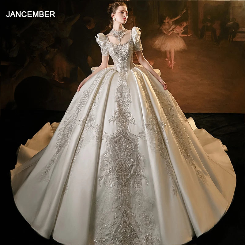 Radiance in Bloom Vintage Lace Satin Ball Gown Wedding Dress for Women Elegant Short Sleeve Royal Train Corset Lsmx026