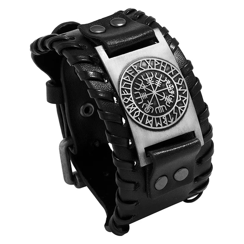 Hot Selling Odin Viking Runes Cuff Bracelet Mens Punk Jewelry Ready to Ship Leather Bracelet with Totem Design