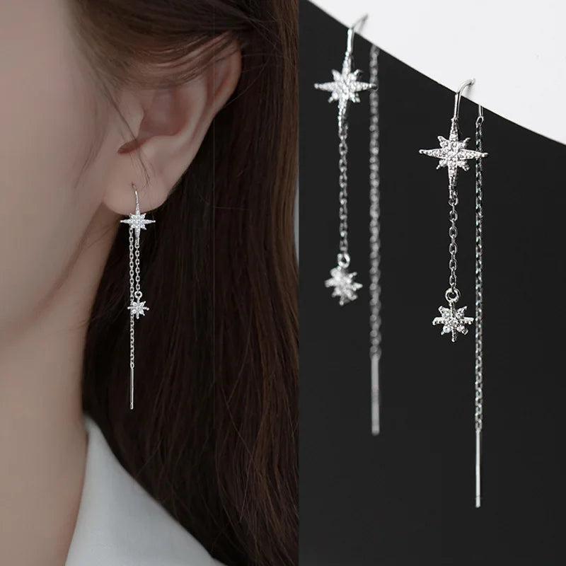 925 Sterling Silver Cubic Zirconia Ear Threader Star Shape Long Tassel Chain Dangle Drop Earrings Jewelry for Women
