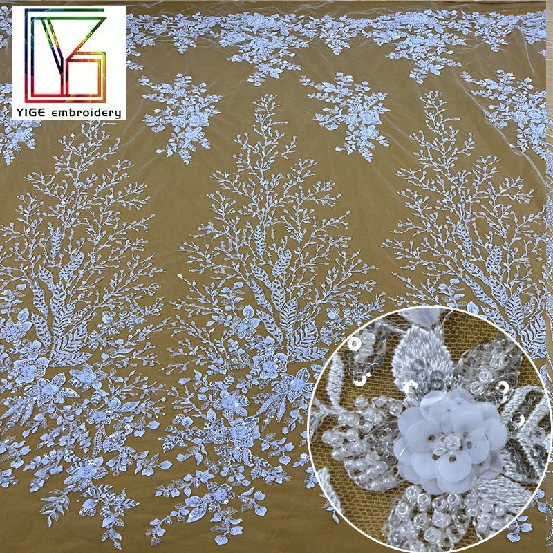 Quality French White Sequin Fabric Bridal Embroidery Beaded Lace African Women Wedding Dress Lace Fabric