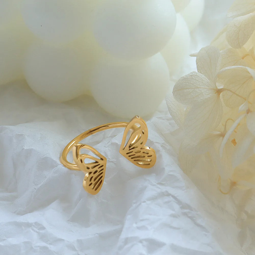 Dainty Kpop Rings Gold Plated butterfly Resizable Stainless Steel Cute Ring for Girls