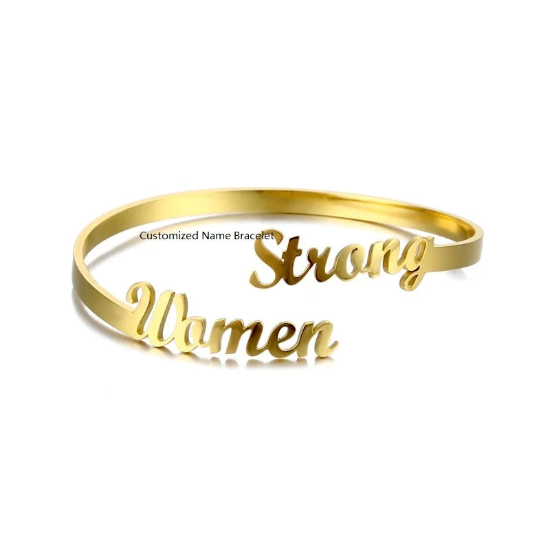 Personalized Fashion Name Bangle Custom Gold Stainless Steel Cuff Jewelry Nameplate Adjustable Bracelet Gift for Women