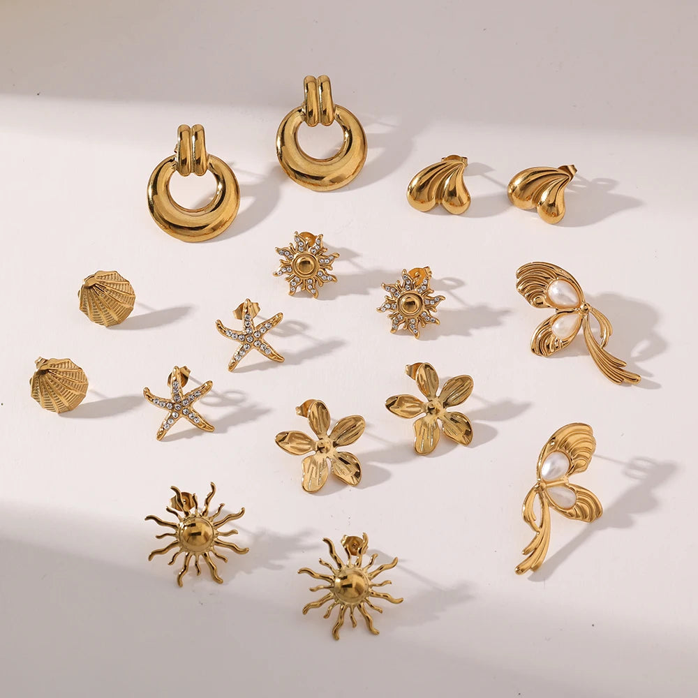New PVD Gold Surgical Steel Stainless Animal Shape Earrings Set Butterfly Starfish Shell Sun Flower Hypoallergenic Stud Earrings