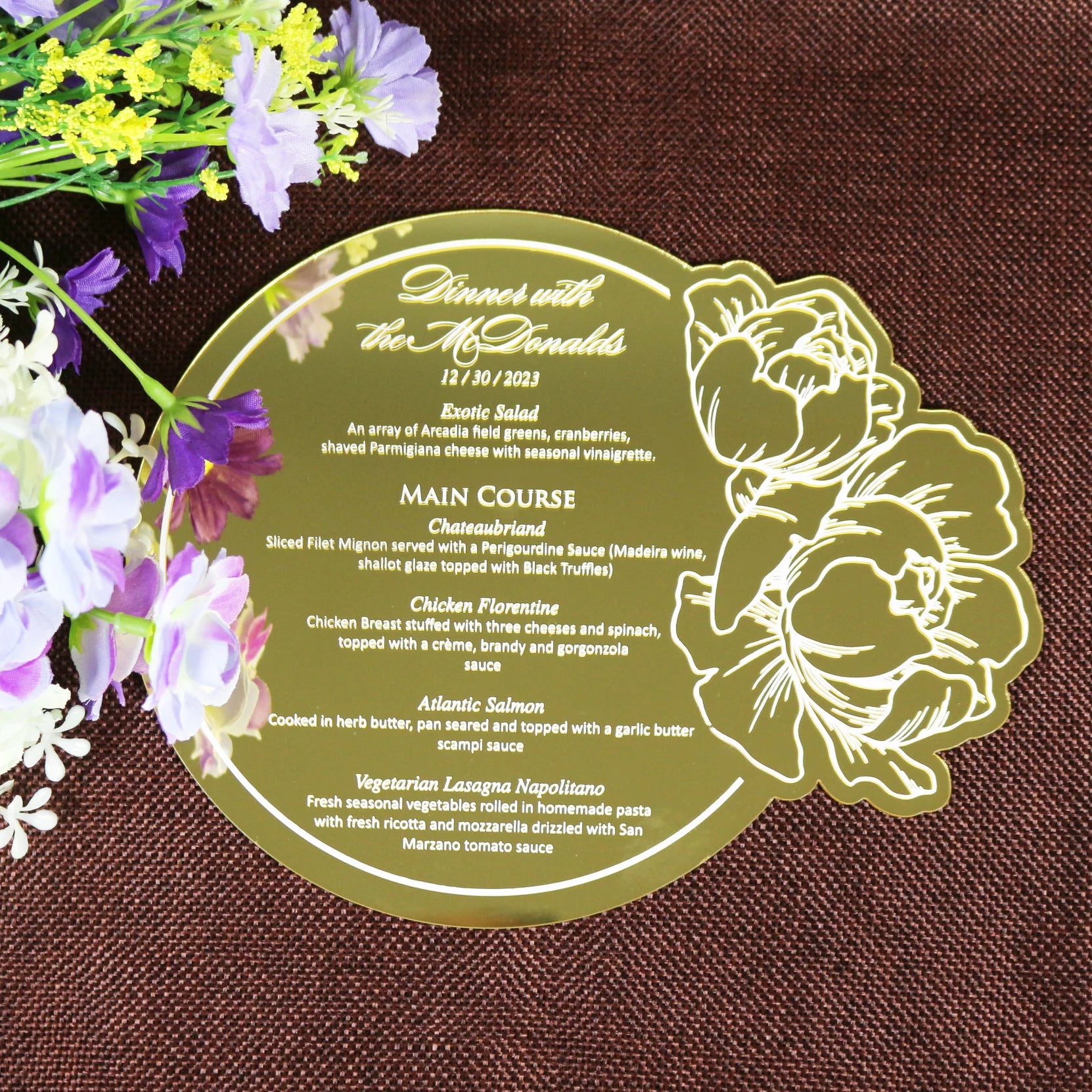 New Product Creative Gold Mirror Acrylic Menu Card with Floral Designs
