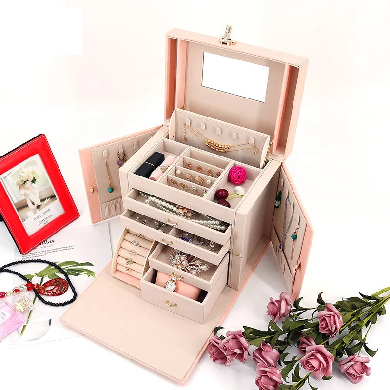 Wholesale Jewelry Display Box Pu Large Capacity Ring Earring Jewelry Storage Box Cosmetic Box Customization