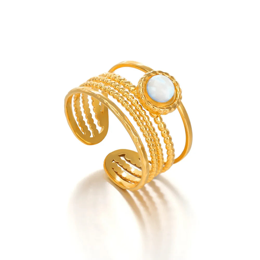 Women Natural Stone Multi Layer Texture Wire Trendy Ring Gold 18K Stainless Steel