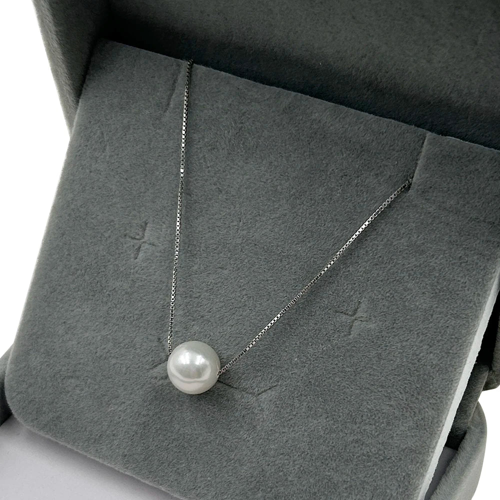 18 Inch 925 Sterling Silver Adjustable Box Chain Pearl Floating Pendant Necklace9-10 mm Nature Freshwater Perfect Round Pearl