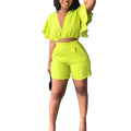 S-XXL Ruffled Short V-neck Top Casual Shorts With Pockets Two-piece Set Available in Multi-color Shorts Set Women