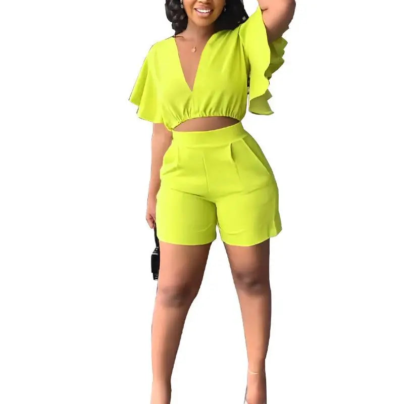 S-XXL Ruffled Short V-neck Top Casual Shorts With Pockets Two-piece Set Available in Multi-color Shorts Set Women