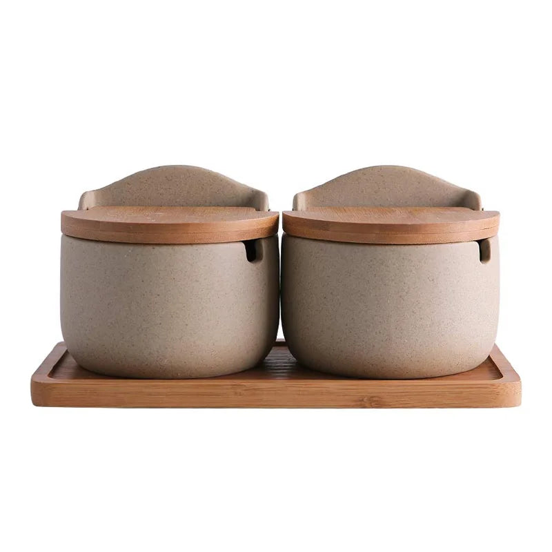Japanese Pottery Spice Jars Set Salt Seasoning Can Ceramic Sugar Pepper Porcelain Box Bamboo Cover Kitchen Storage Containers