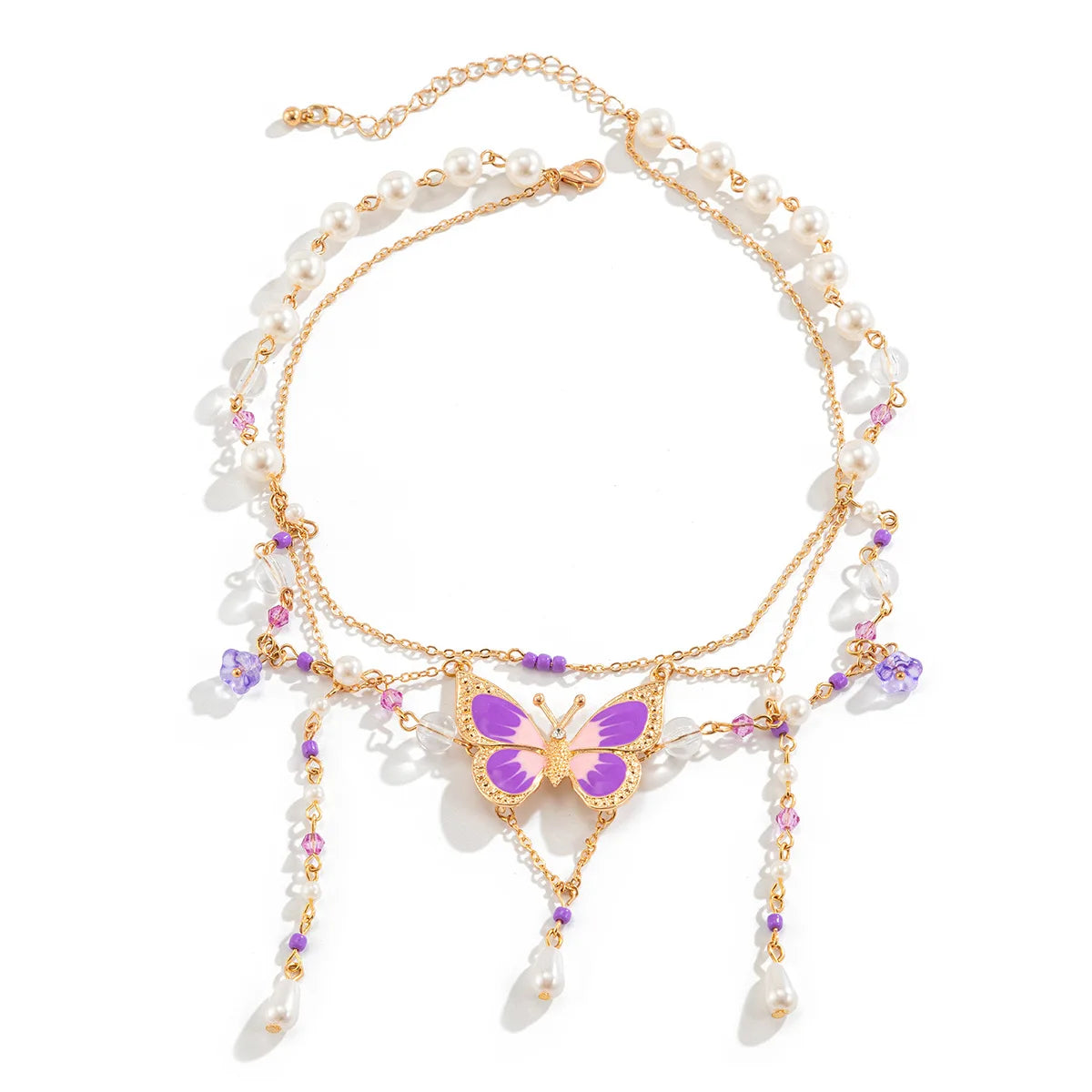 Exaggerated Sweet Design Crystal Pearl Necklace Y2k Choker Colorful Heart Butterfly Necklace for Women