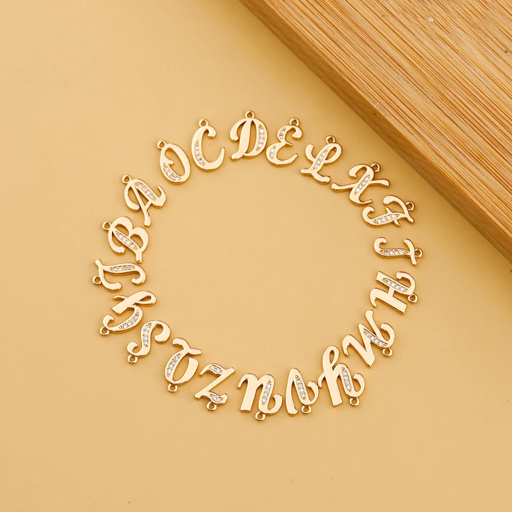 Gold Plated Initial Letter Pendant Charms 1 Hole Connected 26 Letter Alphabet for Necklace Jewelry Making