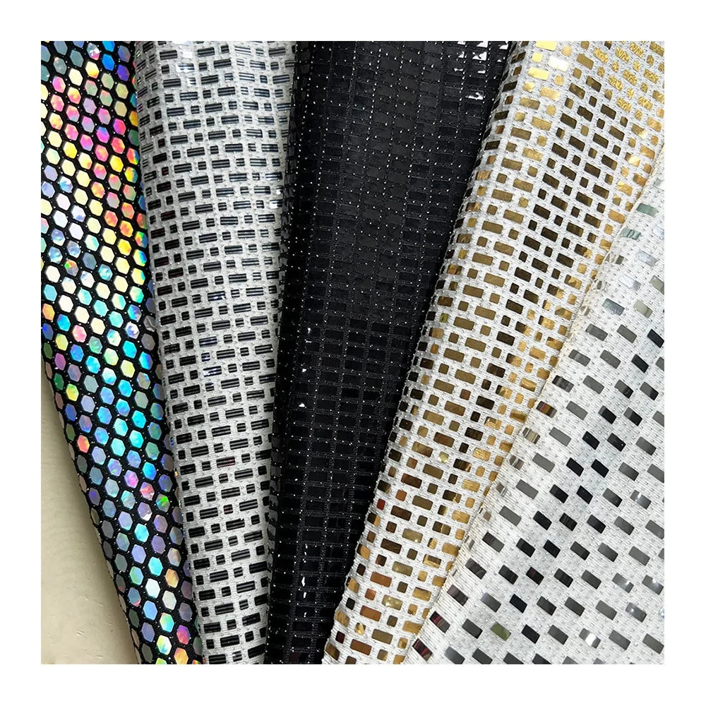 Wholesale All Covered Stretch Holographic Patterned Foil Fabric Metal Sequin Metallic Jersey Fabric for Home Decor Garment