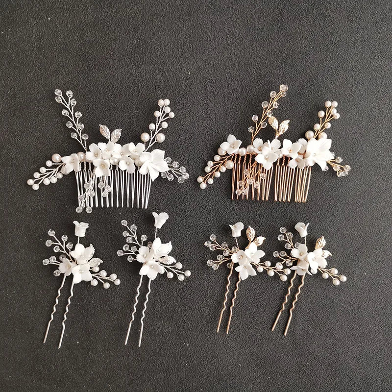 SLBRIDAL Handmade Rhinestone Pearls Ceram Flower Bridal Hair Comb Hair Pin Set Wedding Headpieces Women Jewelry Hair Accessories