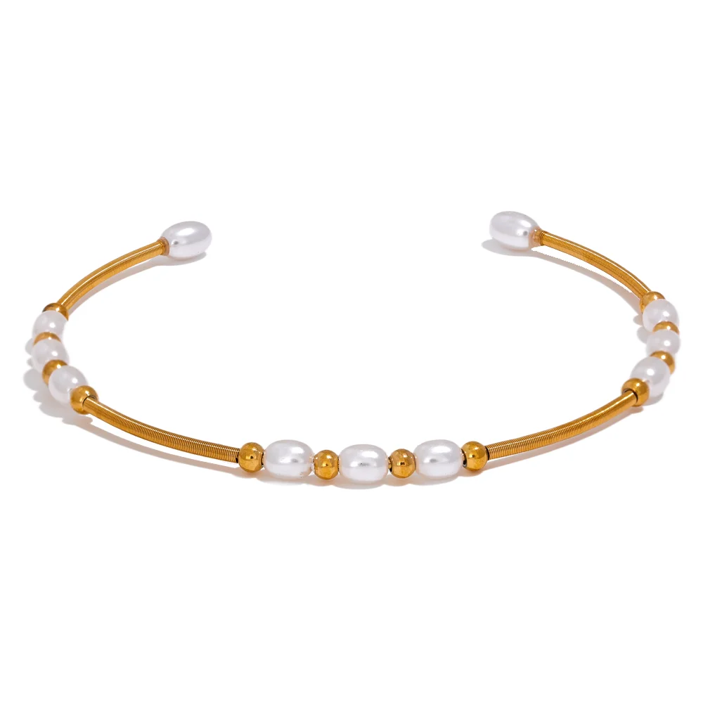 JINYOU 2264 Stainless Steel Fashion Imitation Pearl Handmade Open Bracelet Bangle Women Waterproof Chic Charm Jewelry Bijoux