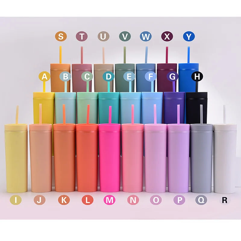 Custom Acrylic Matte Plastic Skinny Cup 16oz Double Wall Tumbler Drinking Water Bottle with Lid and Straw Reusable in Bulk