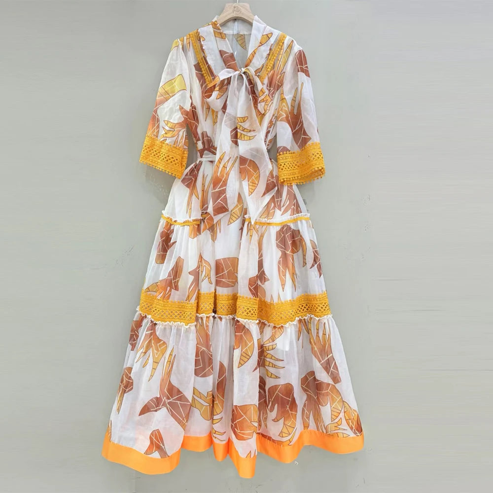 AELESEEN Chic Boho Midi Dress Women Spring Summer Brown and Orange Leaf Print Bow 3/4 Sleeves Yellow Crochet Tiered With Lining