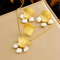 New Trendy Non Tarnish Stainless Steel Geometric Irregular Pearl Jewelry Set Women 18k Gold Plated Necklace Earrings Rings Set