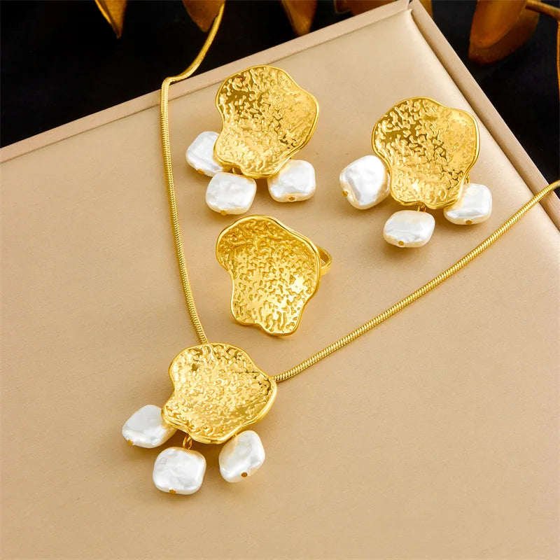 New Trendy Non Tarnish Stainless Steel Geometric Irregular Pearl Jewelry Set Women 18k Gold Plated Necklace Earrings Rings Set