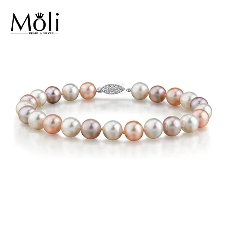 925 Sterling Silver Clasp Mix Color 7-8 Round Freshwater Cultured Pearl Bracelet for Women