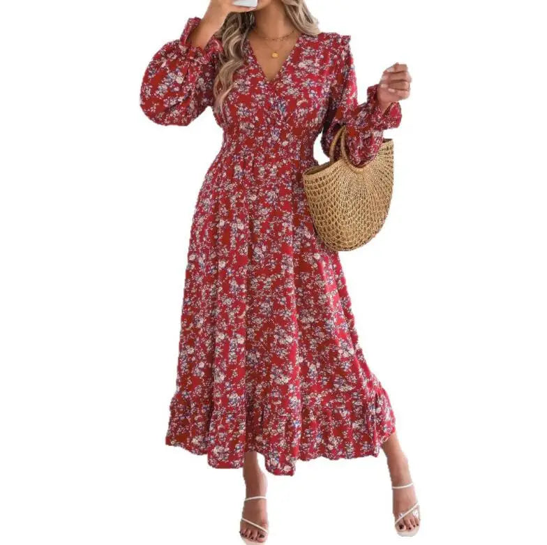 RNSHANGER Fashion Flower Pattern Women's Spring Autumn Waist Slimming Elegant Eid Ramadan Islam Muslim Loose Long Casual Dress