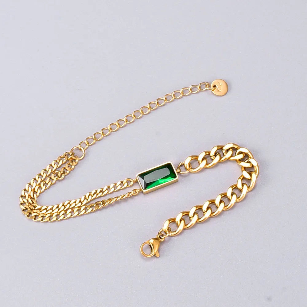18K Gold Plated Stainless Steel Bracelet - Women's Green CZ Chunky Chain Bracelet with 20cm Size for Daily & Party