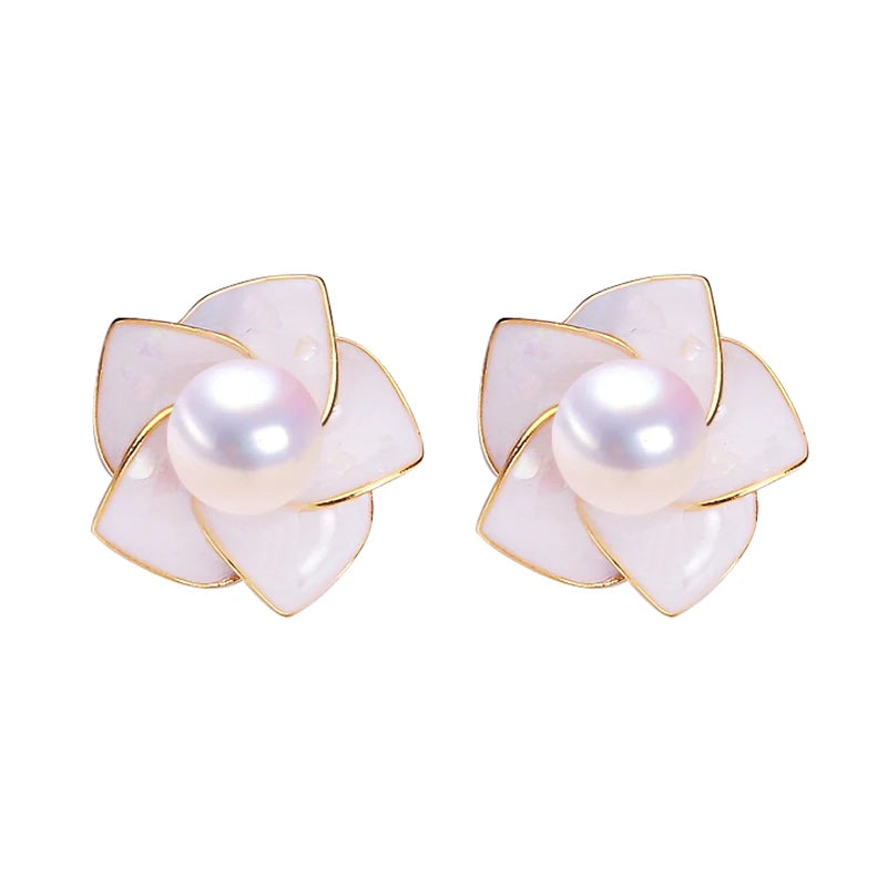 2024 Natural Freshwater Pearl Stud Earrings 18K Gold-Plated Windmill Design S925 Silver Needles Female Jewelry