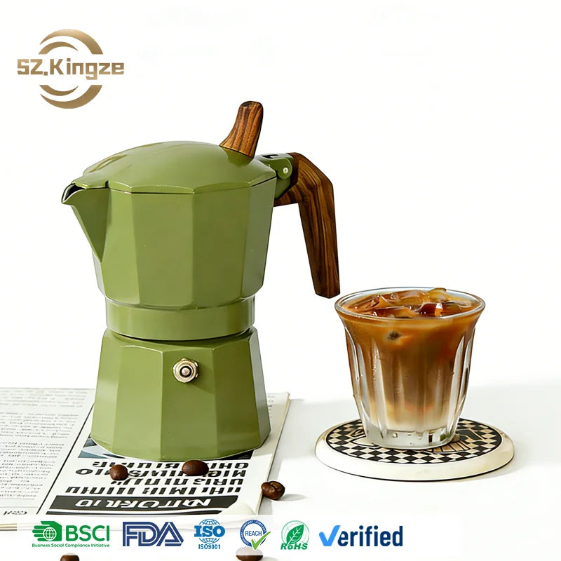 Kingze Classic Portable Espresso Maker Percolator Aluminum Double Valve 2 Cups Italian Coffee Moka Pot Set for Outdoor Camping