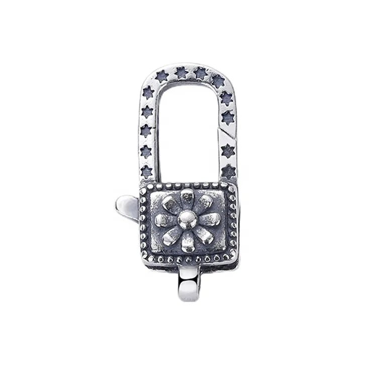 Oxidized Sterling Silver 925 Flower Lock Padlock Lobster Claw Clasps for Bead Bracelets