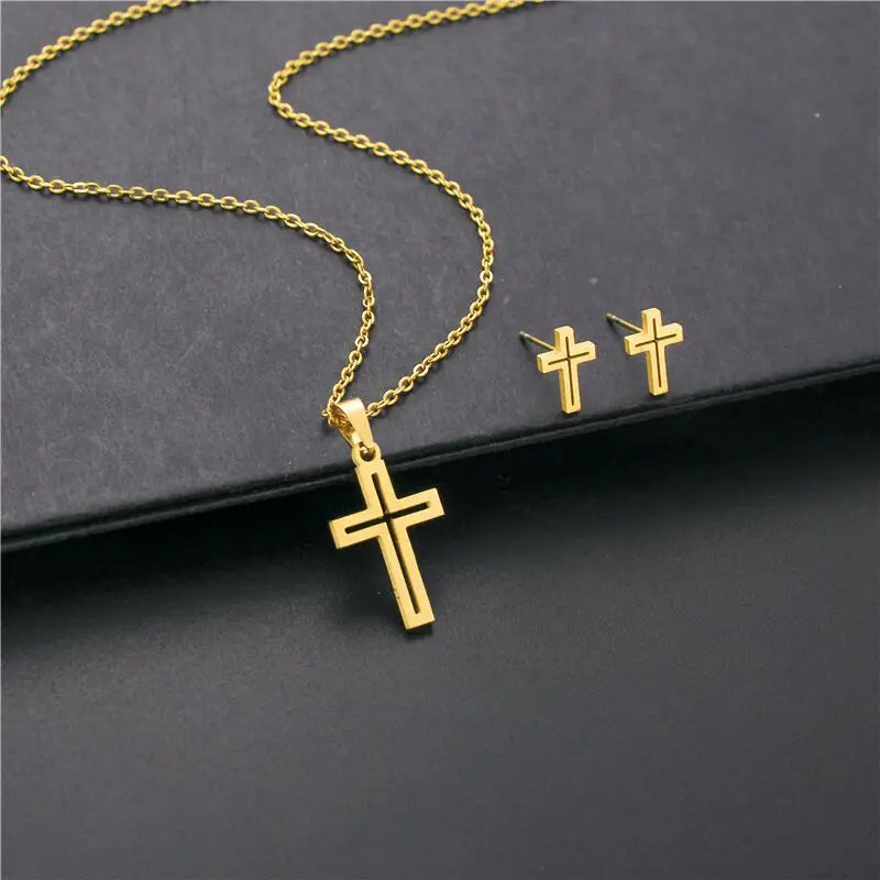 Wholesale 18K Gold Plated Cross Earring Choker Necklace Set Stylish Trendy Stainless Steel Jewelry Link for Party Pearl
