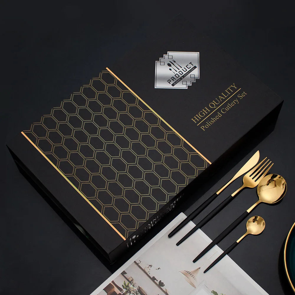 Restaurant Hotel Cutlery Stainless Steel Black Gold Flatware Set 24pcs Cutlery Set With Box