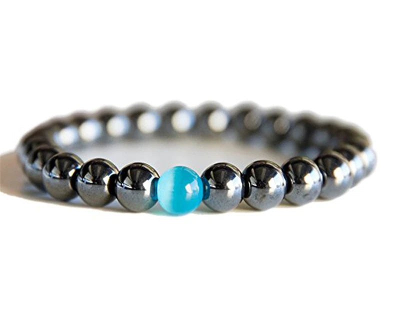 Fashion Handmade Jewelry Hematite Beaded Couple Agate Bracelet Black Blue Cat Eye Crystal Gemstone Brazalete Men Women