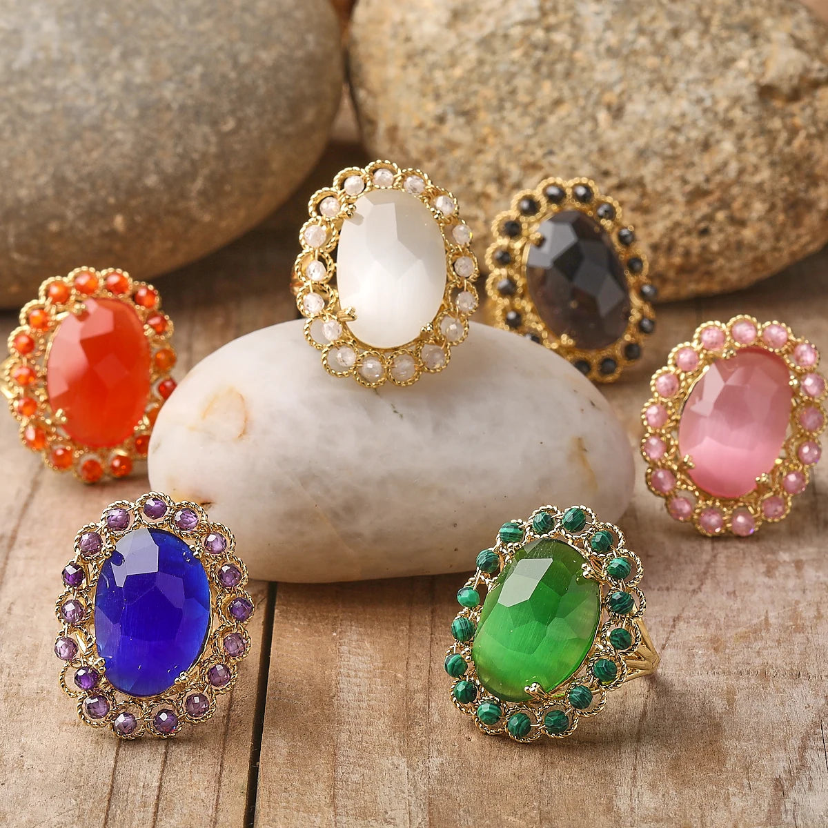 Classic Gold Plated Rings for Women Party Jewelry Cat's Eye Bead Healing Chakra Adjustable Bands Fashion Gift
