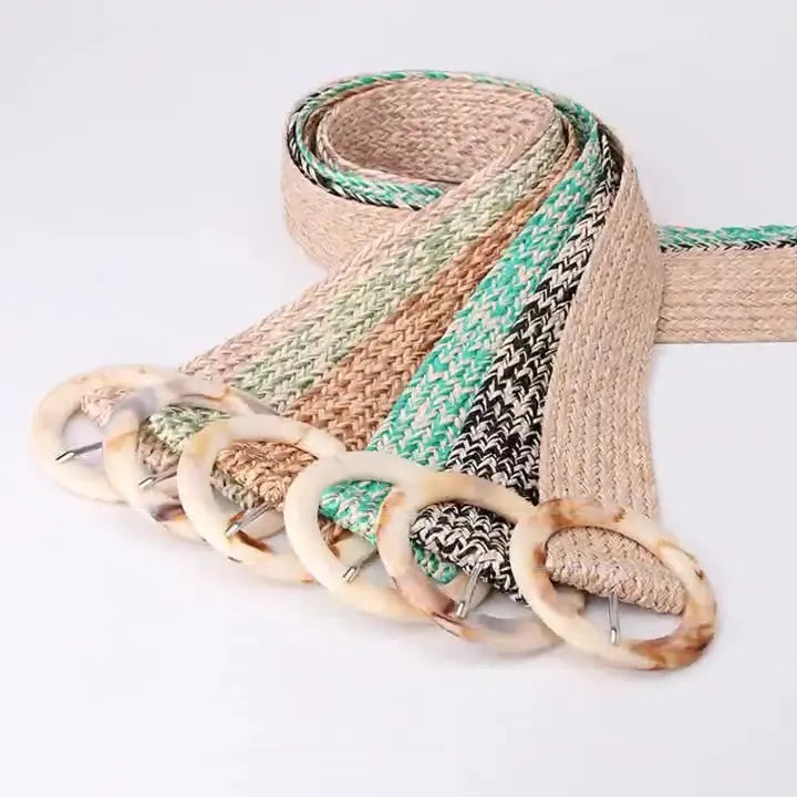 Ladies' Simple  Grass Woven Wide  with Resin Buckle Decoration Suit Dress Belt Women's Trendy Wholesale
