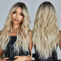 Factory Wholesale Price Light Brown Blonde Synthetic Heat Resistant Wigs with Dark Roots Long Water Wavy Hairs Wig with Bangs