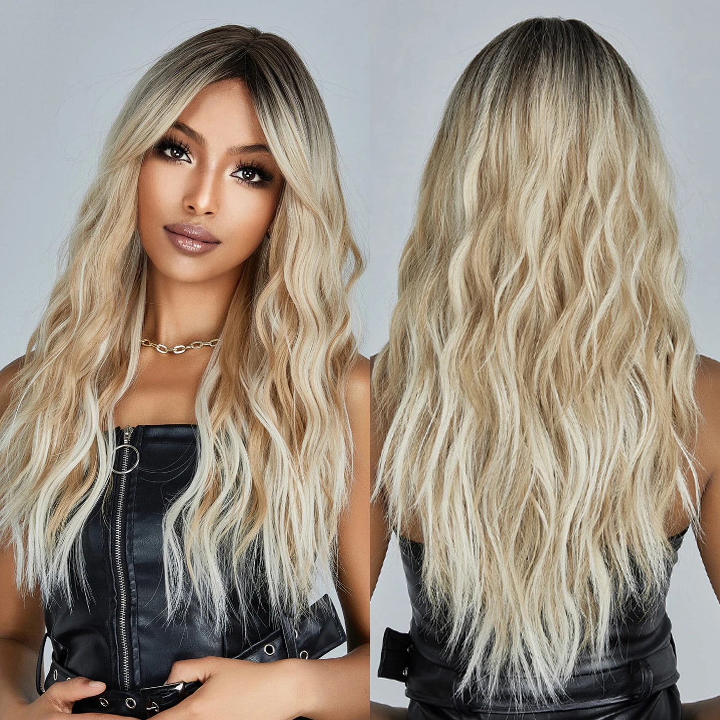 Factory Wholesale Price Light Brown Blonde Synthetic Heat Resistant Wigs with Dark Roots Long Water Wavy Hairs Wig with Bangs